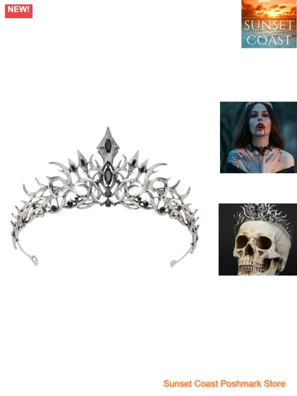 Black Gothic Crown Tiara Rhinestone Halloween Cosplay Queen